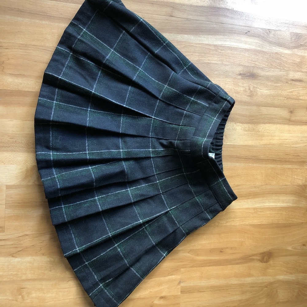 Navy blue, green, white wool pleated skirt